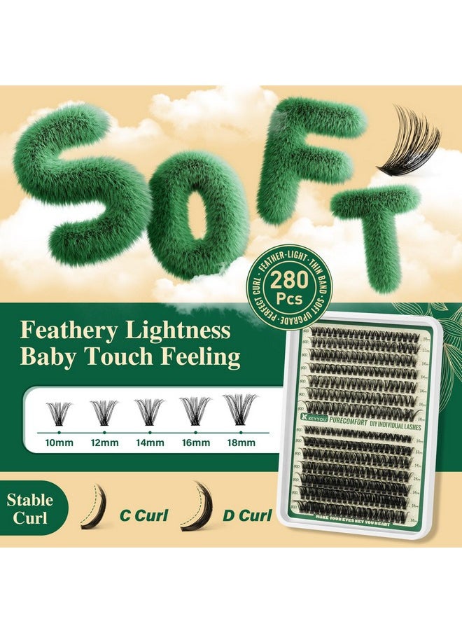 KEYYOU DIY Lash Extension Kit 280pcs Soft Lash Clusters 60D+80D D Curl Easy to Apply with Lash Bond and Seal Lash Applicator Lash Remover Eyelash Extension Kit at Home(RMkit-60D80D-D-10-18mix)