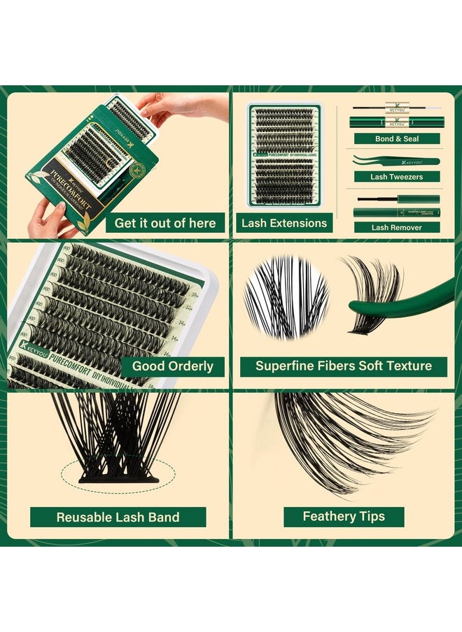 KEYYOU DIY Lash Extension Kit 280pcs Soft Lash Clusters 60D+80D D Curl Easy to Apply with Lash Bond and Seal Lash Applicator Lash Remover Eyelash Extension Kit at Home(RMkit-60D80D-D-10-18mix)