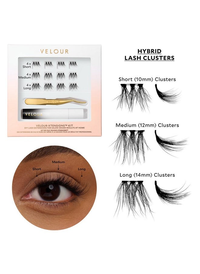 Velour-Xtensions™ Lash Clusters Kit - DIY Lash Extension Kit at Home, Salon Quality Lashes in 10 Minute - Includes 12 Eyelash Clusters (10mm-14mm) + Lash Bond + Lash Applicator - Individual Lashes Kit