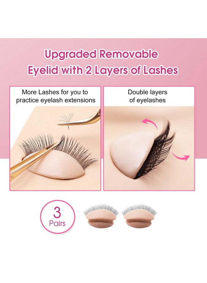 Miuffue 3 Pairs 2 Layers Eyelash Practice Eyelids for Mannequin Head, Removable Realistic Eyelash Extension Eyelids with Eyelashes, Silicone Rubber Replacement Eyelids for Eyelash Training