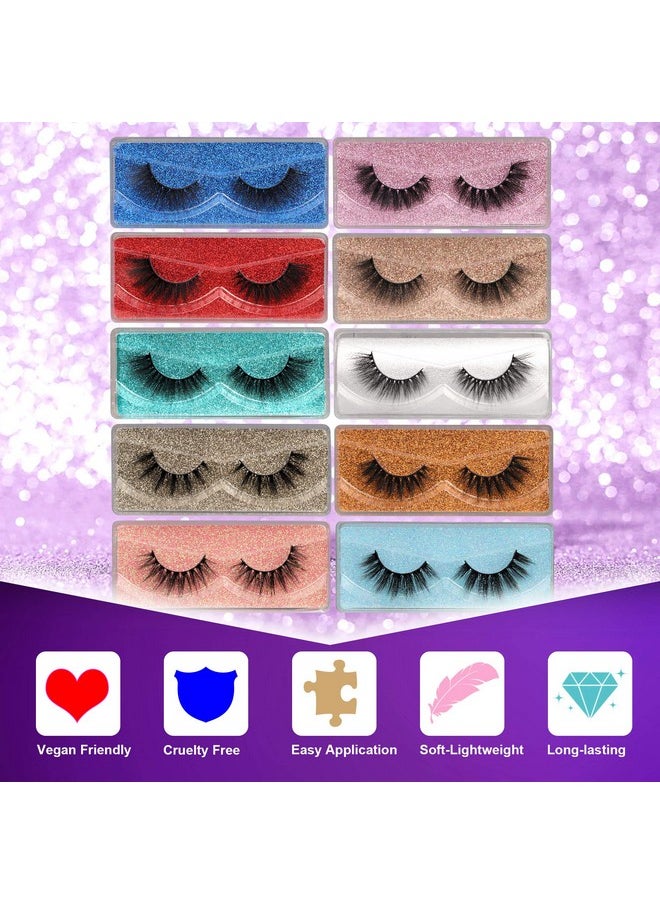 False Eyelashes Wispy 18 mm Natural 3D Faux Mink Lashes Pack 10 Pairs 10 Styles Mixed Soft Reusable Fake Eyelashes Bulk with Glitter Portable Boxes