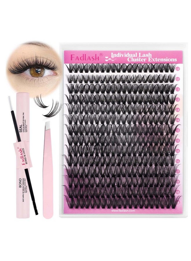 FADLASH DIY Lash Extension Kit Individual Lashes Cluster D Curl Eyelash Extension Kit with Lash Bond and Seal and Lash Applicator Tool for Self Application at Home (40D-0.07D-12-18MIX KIT)