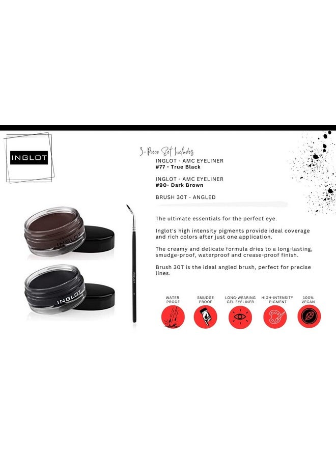 INGLOT Eyeliner Bundle - AMC Eyeliner Gel 90, AMC Eyeliner Gel 77 and Brush 30T (3-piece)