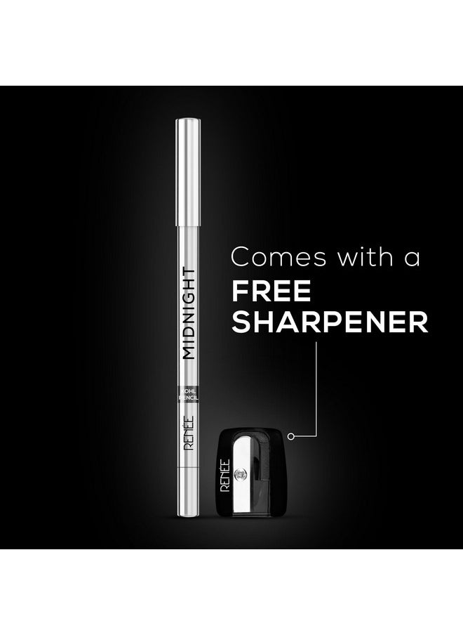 RENEE Midnight Kohl Kajal Pencil - Waterproof, Smudgeproof With Sharpener - 24 Hours Long Stay - Darkest Black - One Swipe Application - Vitamin E, Olive Oil and Castor Oil - 1.5 Gm, Matte Finish