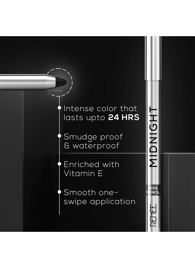 RENEE Midnight Kohl Kajal Pencil - Waterproof, Smudgeproof With Sharpener - 24 Hours Long Stay - Darkest Black - One Swipe Application - Vitamin E, Olive Oil and Castor Oil - 1.5 Gm, Matte Finish
