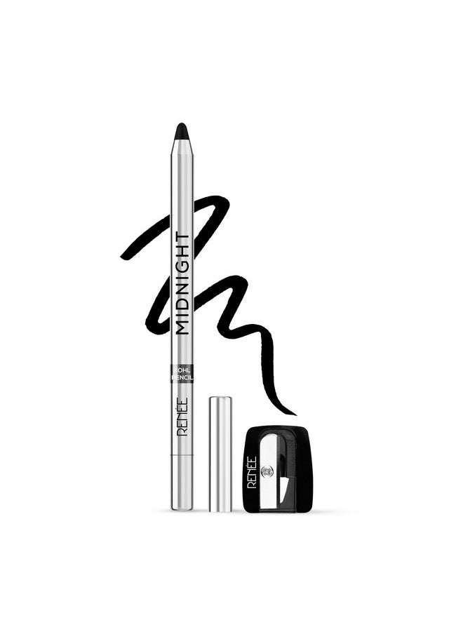 RENEE Midnight Kohl Kajal Pencil - Waterproof, Smudgeproof With Sharpener - 24 Hours Long Stay - Darkest Black - One Swipe Application - Vitamin E, Olive Oil and Castor Oil - 1.5 Gm, Matte Finish