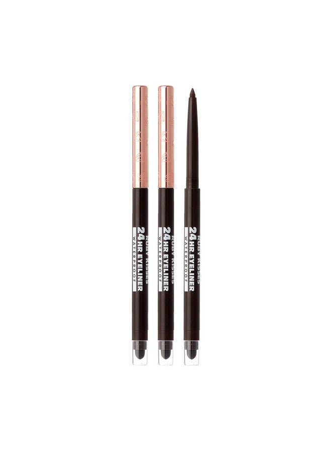 Ruby Kisses Waterproof Eyeliner, 24HR Waterproof Long-Lasting Mechanical Eyeliner Pencil with Built-in Sharpener, Smudgeproof 3 Pack (Dark Brown)