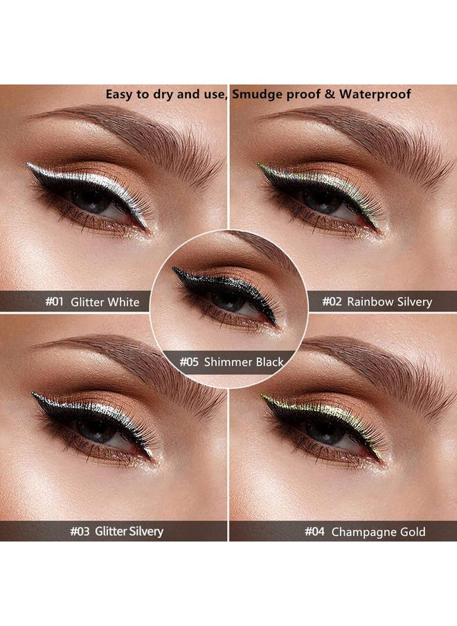Go Ho Glitter Liquid Eyeliner Colorful Set,5 Colors Metallic Shimmer White Black Silver Gold Diamond Eyeliner,Glitter Eyeliner Sticks,Waterproof Eyeliner,Long Lasting Sparkle Eye Makeup