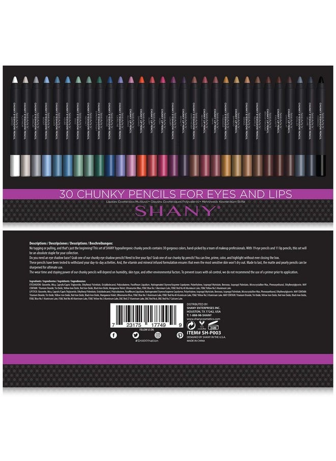 SHANY Chunky Eyeshadow Pencils Lip Liner, Eyeliner, Eye Pencils - Multi-Use Chunky Pencils for Eye Shadow, Lip Makeup, Lipstick with Vitamin E and Aloe Vera - Premium Packaging - Set of 30 Colors