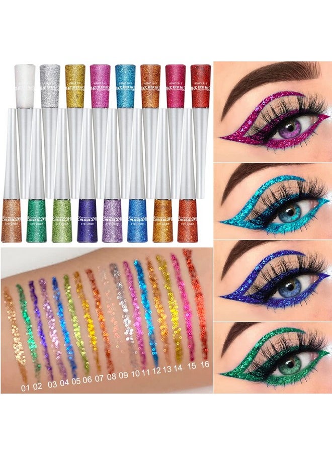 BONNIE CHOICE 16 Colors Glitter Eyeliner Liquid Set, Metallic Shimmer Glitter Eyeshadow, Waterproof Long Lasting White Silver Rose Gold Pink Colorful Rainbow Eyeliners Christmas Gifts for Women