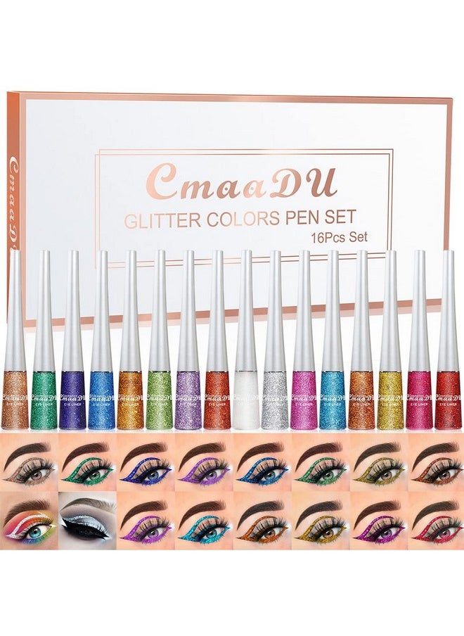 BONNIE CHOICE 16 Colors Glitter Eyeliner Liquid Set, Metallic Shimmer Glitter Eyeshadow, Waterproof Long Lasting White Silver Rose Gold Pink Colorful Rainbow Eyeliners Christmas Gifts for Women