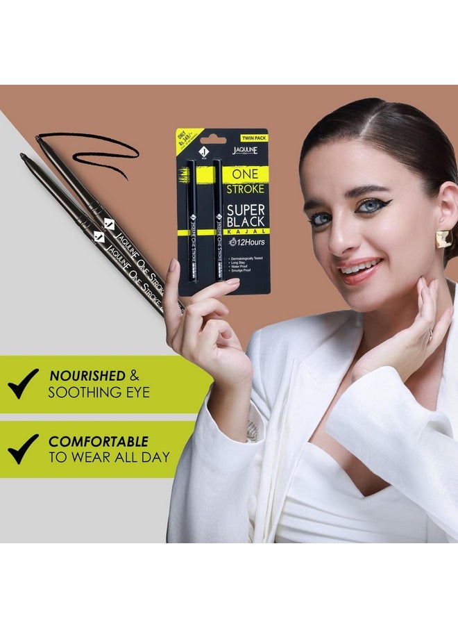 Jaquline USA OneStroke Super Black Kajal Twin Pack | Glides Smoothly | Waterproof | Smudge-proof | Black | Long Lasting | Infused with Sunflower Seed Oil | Vitamin-E | (0.30g+0.30g)