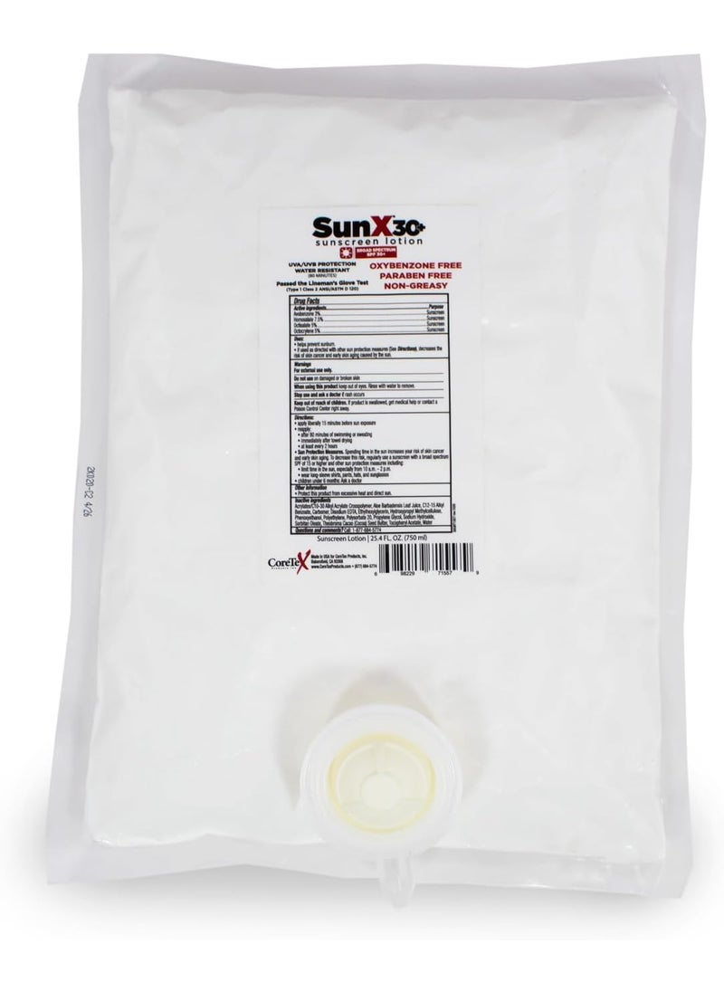 CoreTex Sun X 30+ SPF Broad Spectrum Sunscreen Lotion (Refill Bag ONLY) - 25.4oz of Paraben, Oxybenzone, Octinoxate, & Oil Free Sunscreen - No White Cast and Water & Sweat Resistant Up to 80 Minutes
