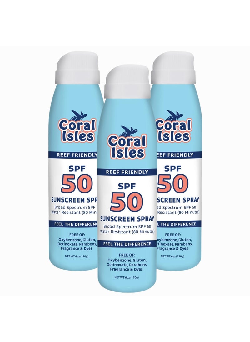 SPF 50 Sunscreen Spray - Hawaii Compliant as Reef Safe - Oxybenzone & Octinoxate Free - Broad Spectrum - Water Resistant, 6 Fl Oz (Pack of 3)