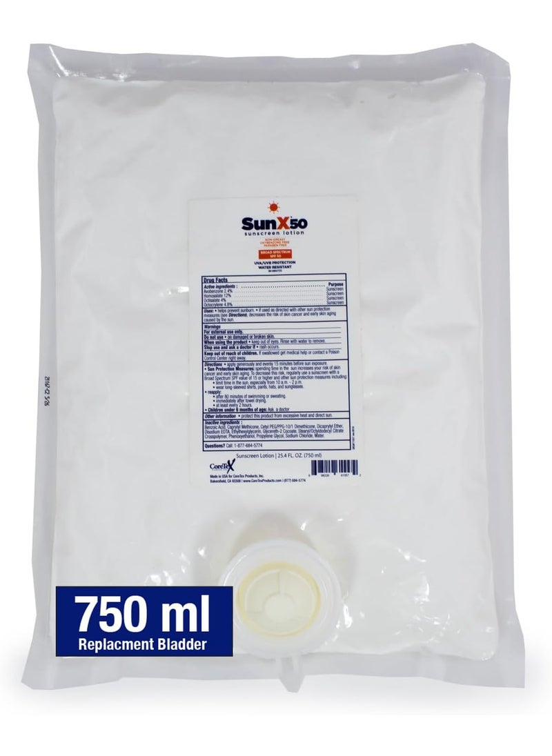 CoreTex Sun X 50 SPF Broad Spectrum Sunscreen Lotion (Refill Bag ONLY) - 25.4oz of Paraben, Oxybenzone, Octinoxate, & Oil Free Sunscreen - No White Cast and Water & Sweat Resistant Up to 80 Minutes