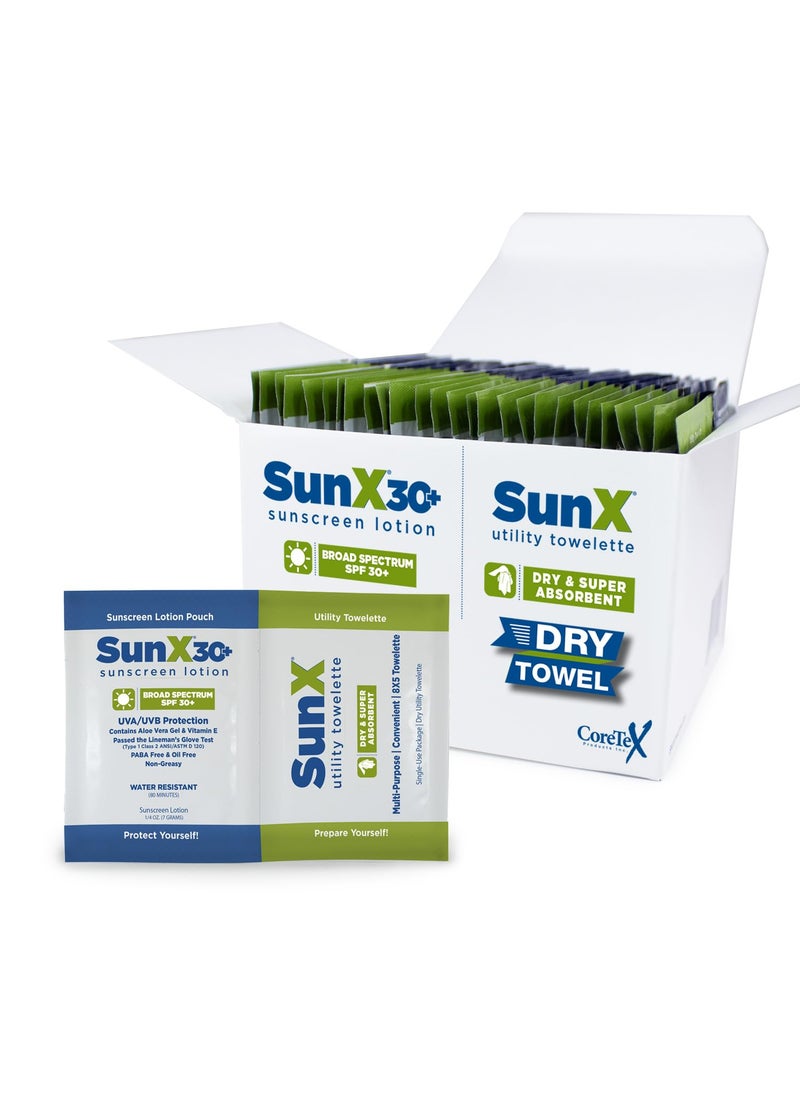 CoreTex Sun X 30+ Broad Spectrum Sunscreen Packets & Dry Towels Duo Kit - Pack of 25 Paraben, Oxybenzone, Octinoxate, & Oil Free Sunscreen - No White Cast and Water & Sweat Resistant Up to 80 Minutes