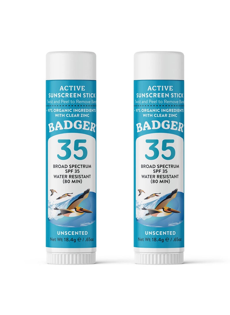 Badger Mineral Sunscreen Face Stick SPF 35, 97% Organic Unscented Zinc Oxide Travel Sunscreen, Coral Reef Safe Sunscreen Travel Size Sunscreen Stick, .65 oz, 2-Pack