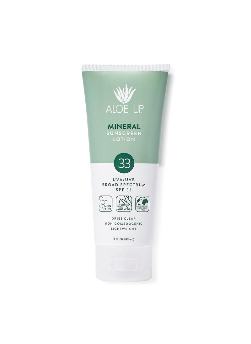 Aloe Up Mineral Sunscreen Lotion SPF 33 Broad Spectrum UVA/UVB Sunscreen Protector for Face and Body-With Gen2 Zinc Oxide and Aloe Vera Gel Dries Clear Reef Safe Coco-Mango Fragrance - 3 Oz