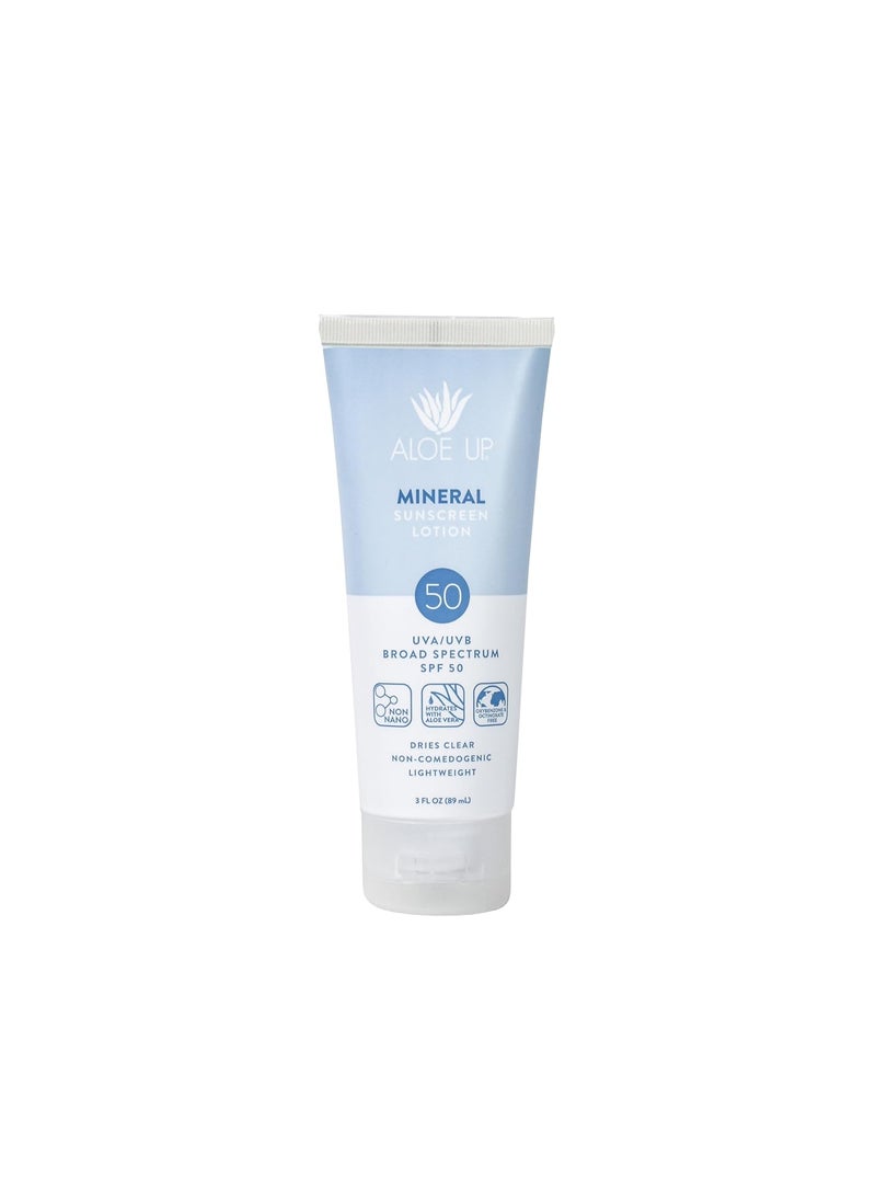 Aloe Up Mineral Sunscreen Lotion SPF 50 - Broad Spectrum UVA/UVB Sunscreen Protector for Face and Body - With Gen2 Zinc Oxide & Aloe Vera Gel - Dries Clear - Reef Safe - Coco-Mango Fragrance - 3 Oz.