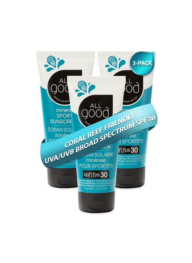 All Good Sport Mineral Sunscreen Lotion - Coral Reef Friendly, Water & Sweat Resistant, Face & Body, UVA/UVB Broad Spectrum SPF 30+ (3 oz)(3-Pack)