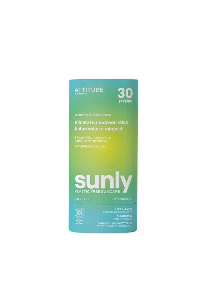 ATTITUDE Mineral Sunscreen Stick with Zinc Oxide, SPF 30, EWG Verified, Plastic-Free, Broad Spectrum UVA/UVB Protection, Dermatologically Tested, Vegan, Unscented, 2.1 Ounces