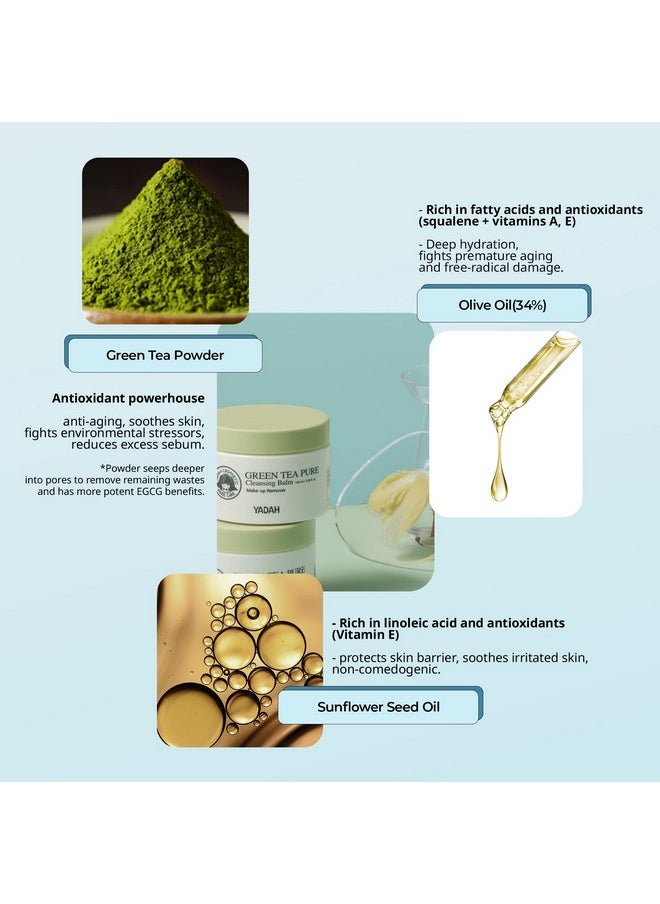 YADAH Green Tea Cleansing Balm (3.38fl oz) - Makeup Remover, Moisturizing, Residue-Free. Korean Skin Care. Vegan, Hypoallergenic.