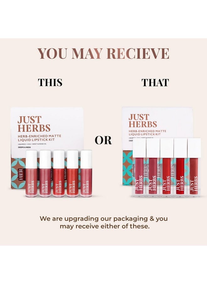 Just Herbs Organic Liquid Lipstick Kit Set of 5, Hydrating & Lightweight Lip Color - Paraben & Silicon Free - 1.6 fl oz. (Deeps & Reds)