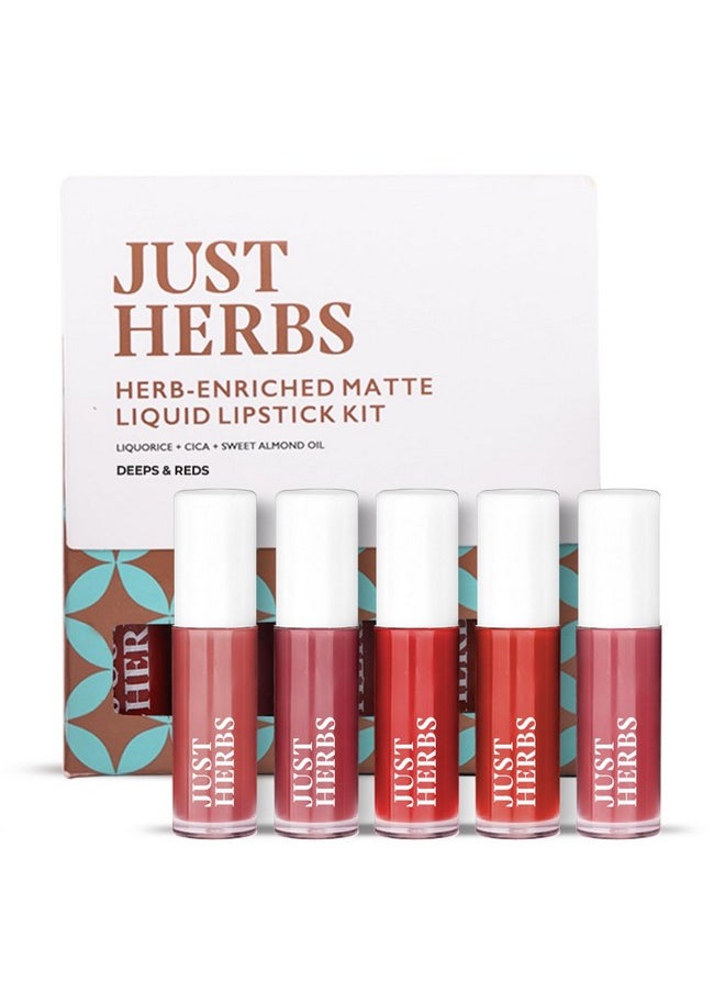 Just Herbs Organic Liquid Lipstick Kit Set of 5, Hydrating & Lightweight Lip Color - Paraben & Silicon Free - 1.6 fl oz. (Deeps & Reds)