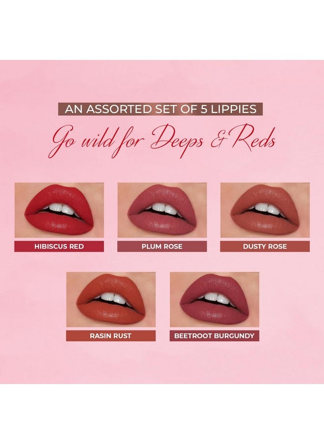 Just Herbs Organic Liquid Lipstick Kit Set of 5, Hydrating & Lightweight Lip Color - Paraben & Silicon Free - 1.6 fl oz. (Deeps & Reds)