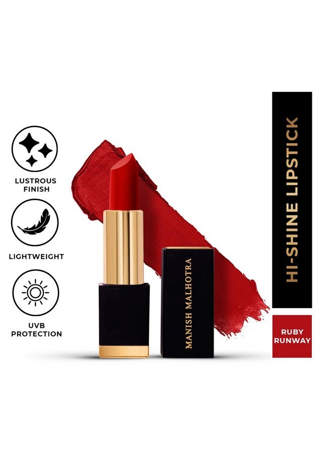 MyGlamm Manish Malhotra Hi-Shine Lipstick - Ruby Runway - 4gm | Fierce Red Shade | Lightweight, Long-wear Lipsticks | UVB Protection, High Coverage, Cruelty Free | Glossy Finish
