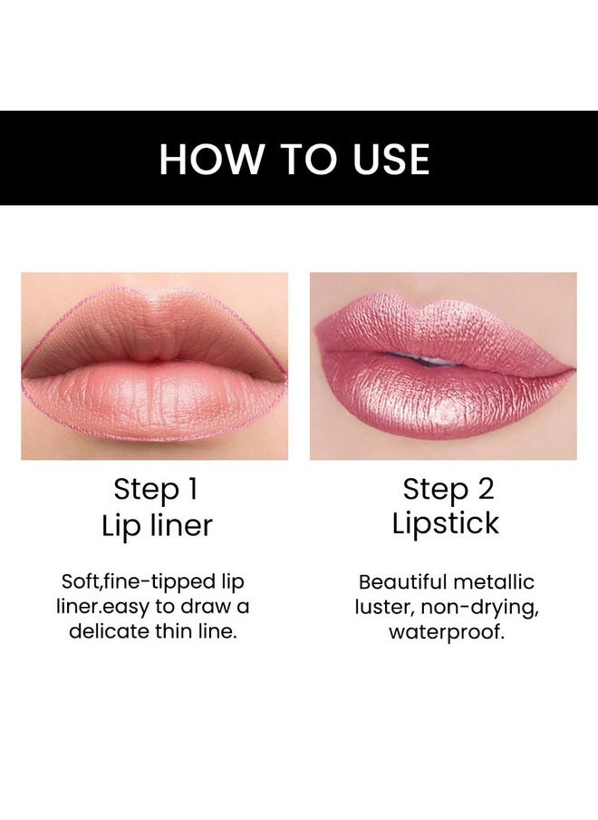 evpct 3Pcs Light Pink Nude Brown Metallic Shine Shimmer Lip Liner and Lipstick Combo Set Kit for Women, DNM Lightweight Hydrating Formula High Impact Full Coverage Lipstick and Lip Liner Makeup Gloss