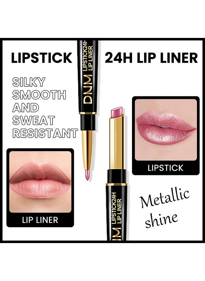 evpct 3Pcs Light Pink Nude Brown Metallic Shine Shimmer Lip Liner and Lipstick Combo Set Kit for Women, DNM Lightweight Hydrating Formula High Impact Full Coverage Lipstick and Lip Liner Makeup Gloss