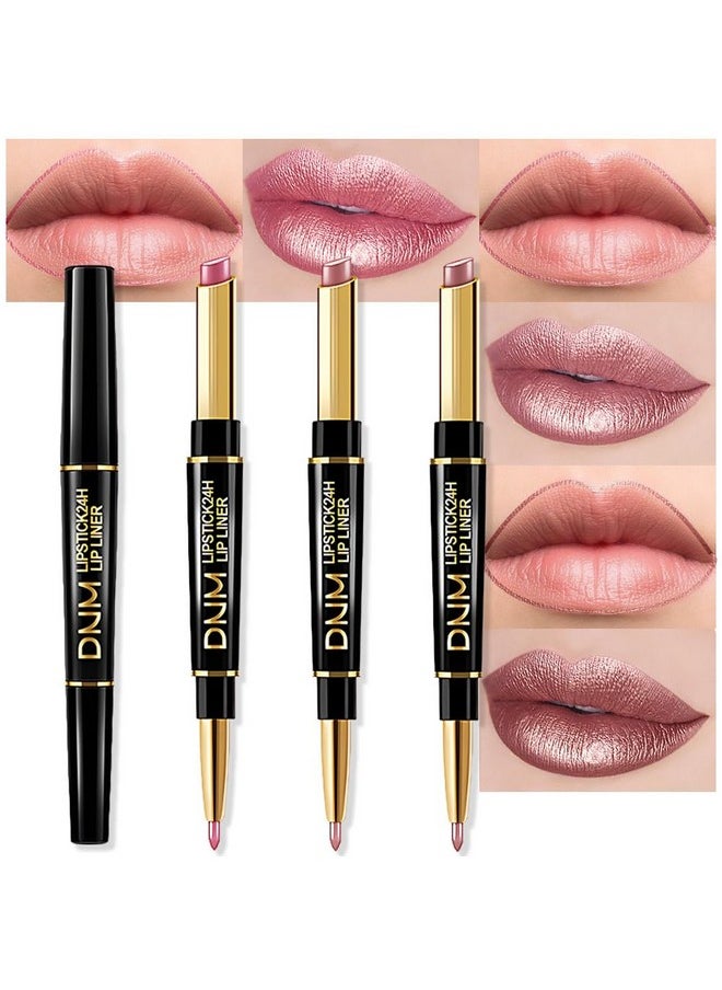 evpct 3Pcs Light Pink Nude Brown Metallic Shine Shimmer Lip Liner and Lipstick Combo Set Kit for Women, DNM Lightweight Hydrating Formula High Impact Full Coverage Lipstick and Lip Liner Makeup Gloss