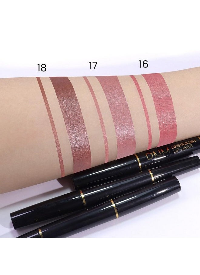 evpct 3Pcs Light Pink Nude Brown Metallic Shine Shimmer Lip Liner and Lipstick Combo Set Kit for Women, DNM Lightweight Hydrating Formula High Impact Full Coverage Lipstick and Lip Liner Makeup Gloss