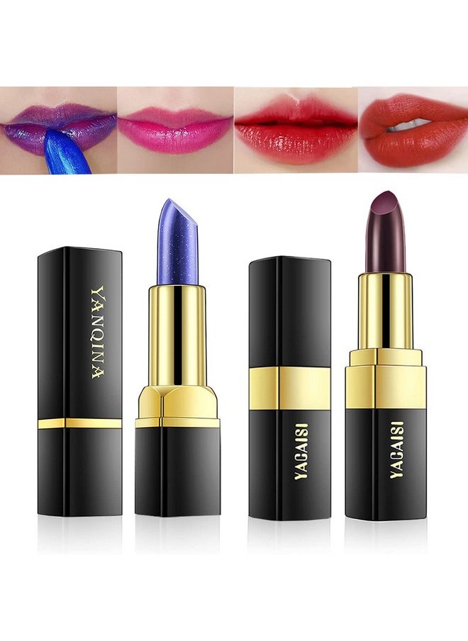 Yeweian 2 Pcs Magic Black Blue Lipstick Set, Shimmer Color Changing Lipstick(Blue Changed into Pink,Black Change into Brick Red),Natural Moisturizing Lip Balm Labiales Magicos Nutritious Lazy Lipstick