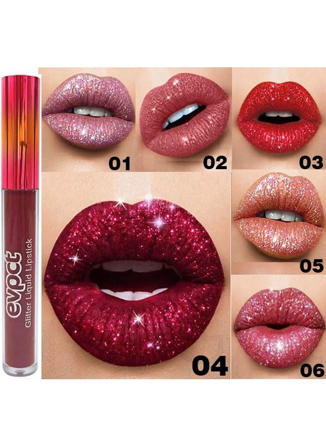 evpct 6Pcs Matte to Glitter Liquid Lipstick Long Lasting Lip Set Kit,6 Color Diamond Dark Red Pink Purple Mauve Glitter Sparkly Glossy Metallic Shimmer Sparkle Waterproof Lipstick Lip Gloss for Women