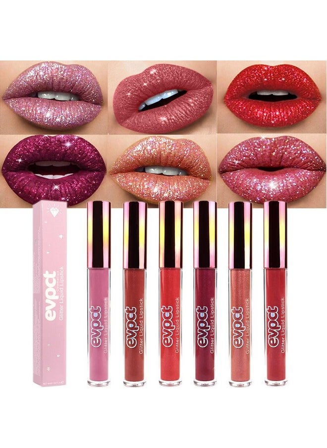 evpct 6Pcs Matte to Glitter Liquid Lipstick Long Lasting Lip Set Kit,6 Color Diamond Dark Red Pink Purple Mauve Glitter Sparkly Glossy Metallic Shimmer Sparkle Waterproof Lipstick Lip Gloss for Women