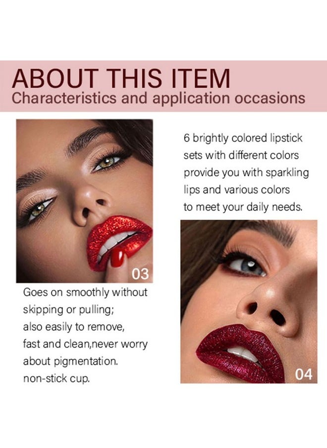 evpct 6Pcs Matte to Glitter Liquid Lipstick Long Lasting Lip Set Kit,6 Color Diamond Dark Red Pink Purple Mauve Glitter Sparkly Glossy Metallic Shimmer Sparkle Waterproof Lipstick Lip Gloss for Women