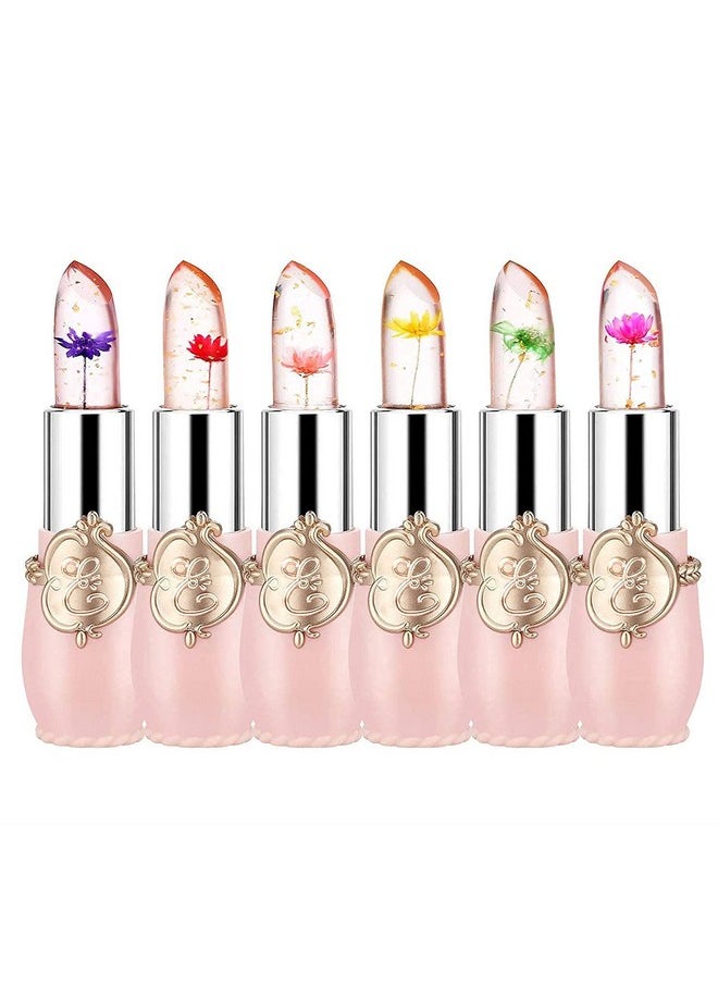 firstfly Pack of 6 Crystal Flower Jelly Lipstick, Long Lasting Nutritious Lip Balm Lips Moisturizer Magic Temperature Color Change Lip Gloss (Pink)