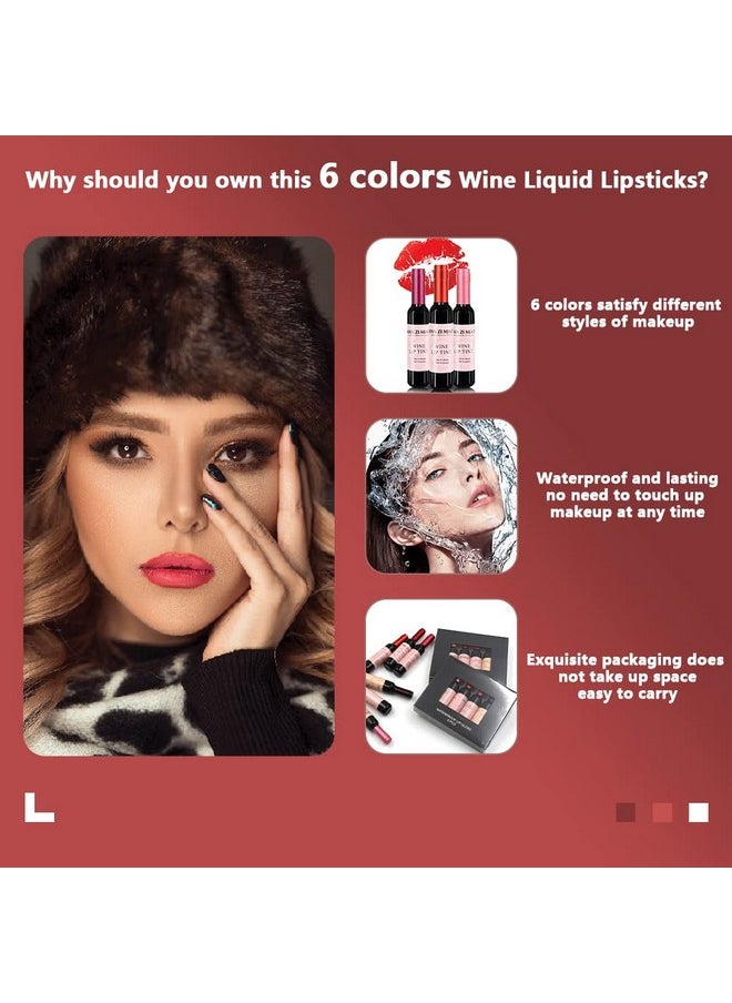 VOLLUCK Wine Liquid Lipstick, Lady Long Lasting Make Up Gloss Matte Lip Tint Wine Bottle Cover, Waterproof, Valentine's Day Gift Kit Ideas for Girlfriend, Mom, Friend (6 Colors)