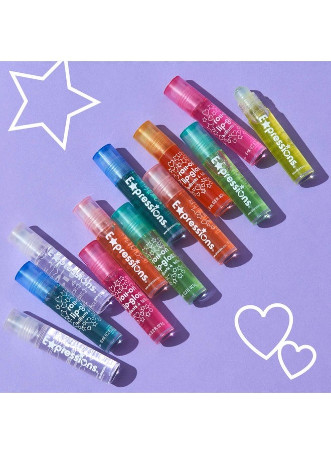Expressions 12pc Roll On Lip Gloss Set with Carrying Case, Glossy Lip Make-up for Kids and Teens - Fruity Flavors, Non Toxic, Kid Friendly, Party Gift, Best Friends