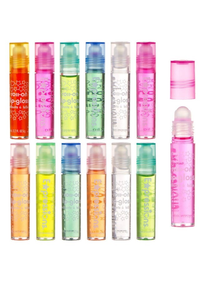 Expressions 12pc Roll On Lip Gloss Set with Carrying Case, Glossy Lip Make-up for Kids and Teens - Fruity Flavors, Non Toxic, Kid Friendly, Party Gift, Best Friends