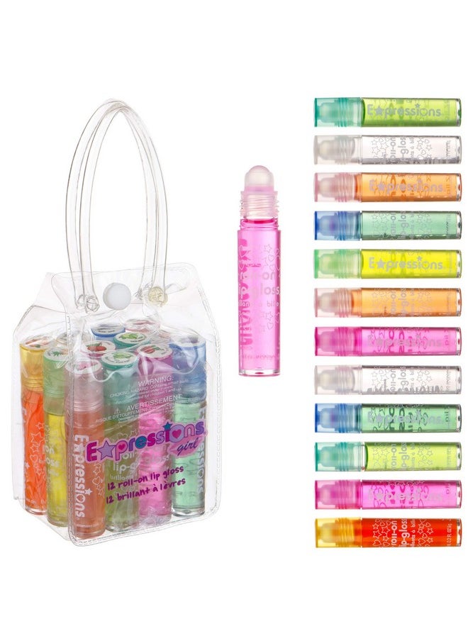 Expressions 12pc Roll On Lip Gloss Set with Carrying Case, Glossy Lip Make-up for Kids and Teens - Fruity Flavors, Non Toxic, Kid Friendly, Party Gift, Best Friends
