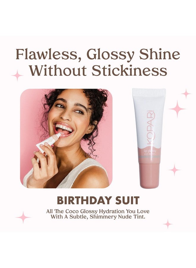 Kopari Coconut Lip Glossy | Nude Tint Birthday Suit | Vegan Hydrating Moisturizing Lip Oil Vitamin E Shea Butter Long Wear High Shine Non Sticky | Natural Clean Plant Based Non Toxic Balm Paraben Free