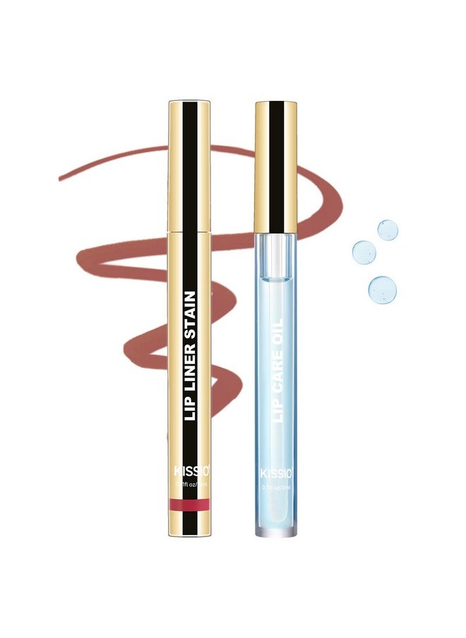 KISSIO Lip Stain Set,Peel Off Lip Liner Stain and Lip Care Oil,Transfer Proof,Long Lasting and Waterproof Lip Tint,Matte Finsh,Lip Combo,03 Coral Red