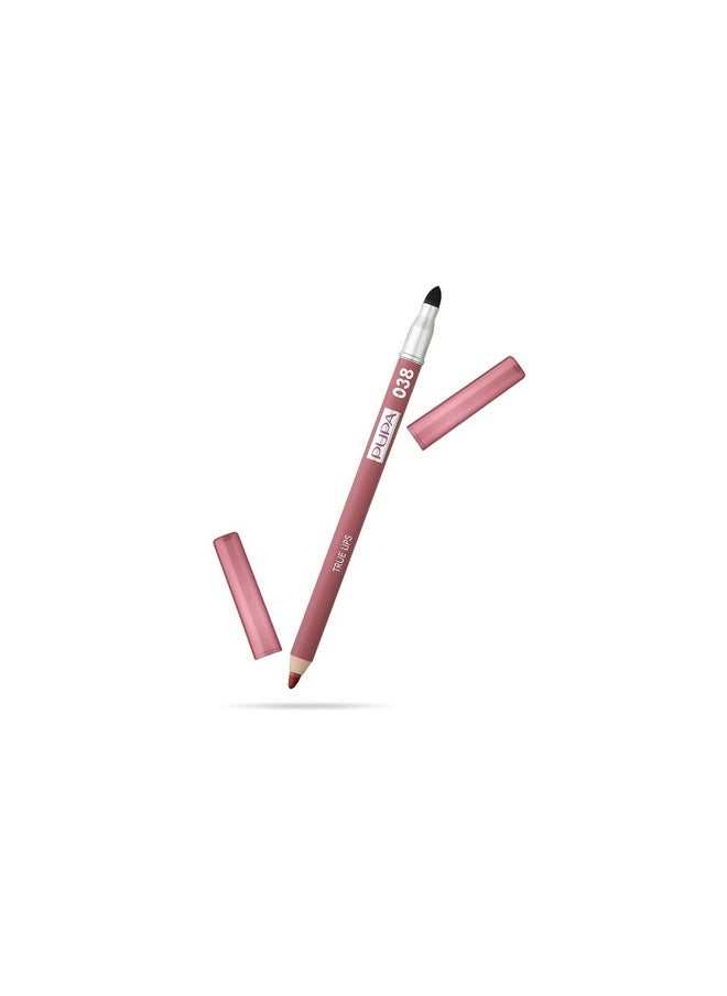Pupa Milano True Lips Blendable Lip Liner - Dual-Ended Matte Lining Color and Brush - Light and Creamy, Hydrating, High Pigment, Smudge Proof Formula - Paraben Free - 038 Rose Nude - 0.042 oz