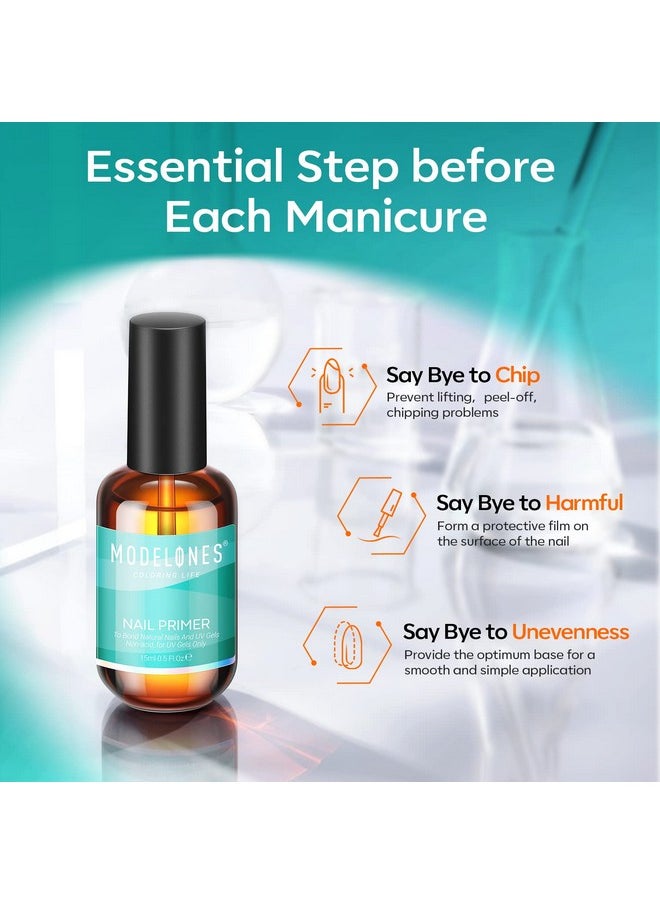 modelones Nail Primer, 15 ml Acid Free No Lift Nail Prep Dehydrator Bond Primer, Hema-Free Nail Bonder for Gel Nail Polish Nail Supplies Set