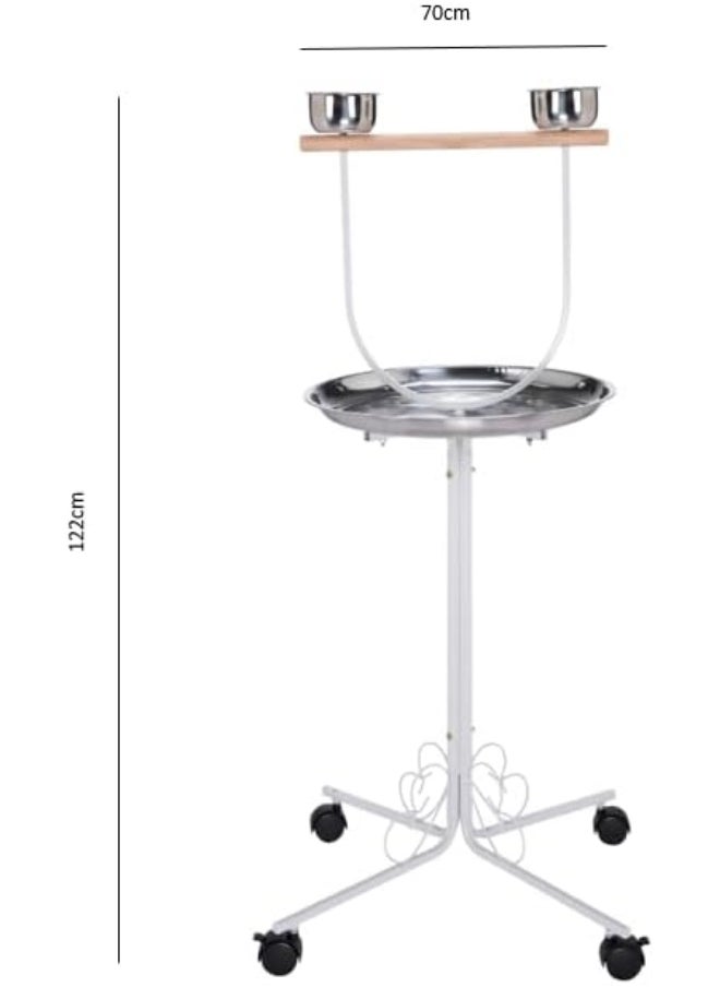 Premium Bird Play Top Stand With Wooden Perch And Stainless Steel Bowls - Mess-Free Feeding And Playtime Solution! White