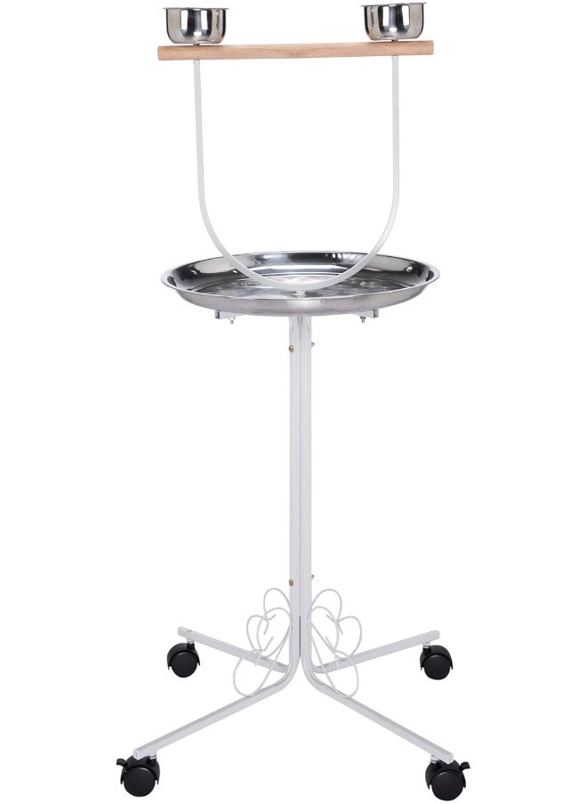 Premium Bird Play Top Stand With Wooden Perch And Stainless Steel Bowls - Mess-Free Feeding And Playtime Solution! White