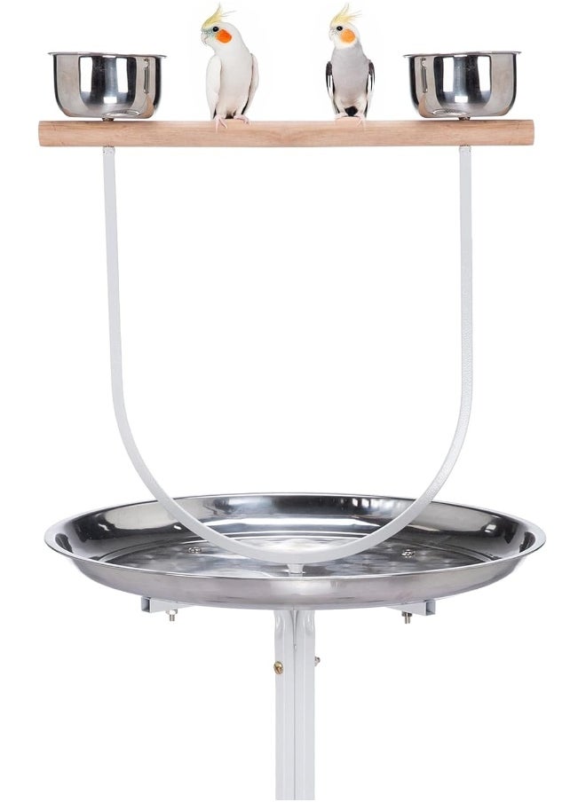 Premium Bird Play Top Stand With Wooden Perch And Stainless Steel Bowls - Mess-Free Feeding And Playtime Solution! White